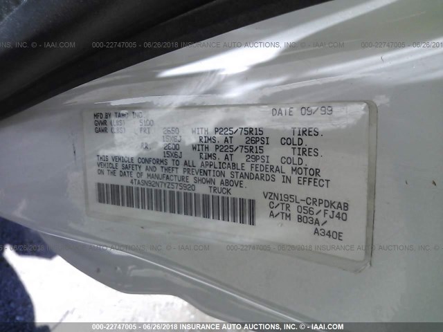 4TASN92N7YZ575920 - 2000 TOYOTA TACOMA XTRACAB PRERUNNER თეთრი ფოტო 9