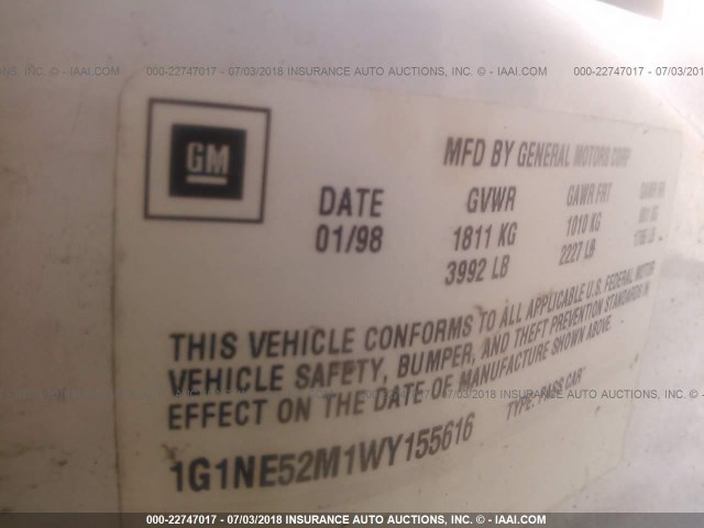 1G1NE52M1WY155616 - 1998 CHEVROLET MALIBU LS 白色 照片 9