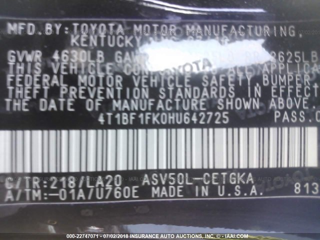 4T1BF1FK0HU642725 - 2017 TOYOTA CAMRY LE/XLE/SE/XSE BLACK photo 9