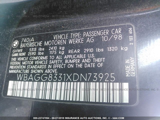 WBAGG8331XDN73925 - 1999 BMW 740 I AUTOMATIC BLACK photo 9