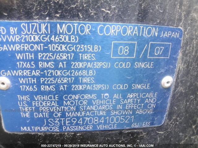 JS3TE947084100521 - 2008 SUZUKI GRAND VITARA LUXURY BLACK photo 9