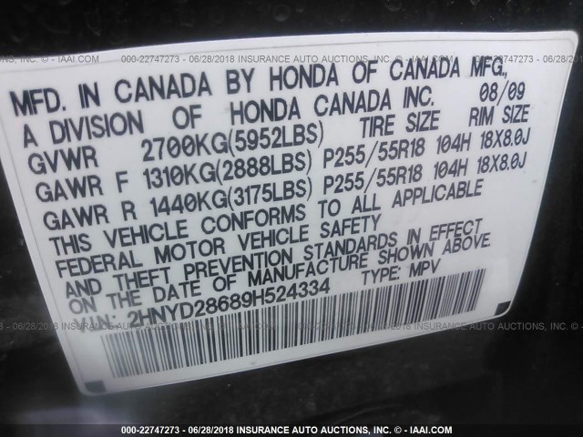 2HNYD28689H524334 - 2009 ACURA MDX TECHNOLOGY BLACK photo 9