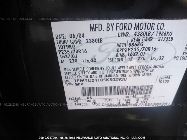 1FMYU04185KB03930 - 2005 FORD ESCAPE LIMITED BLACK photo 9