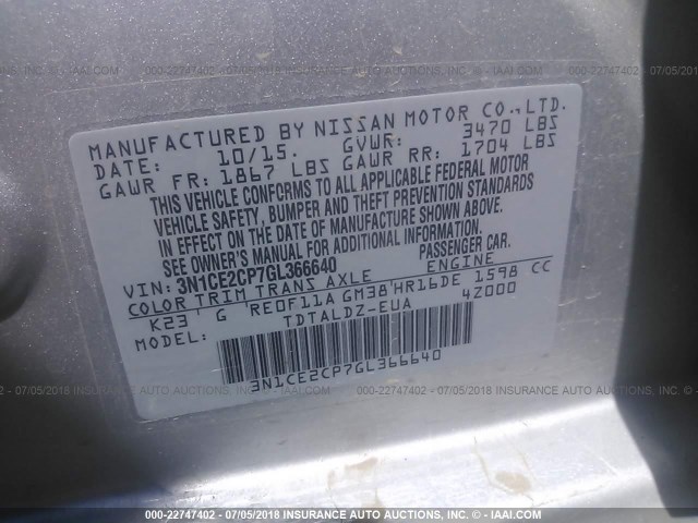 3N1CE2CP7GL366640 - 2016 NISSAN VERSA NOTE S/S PLUS/SV/SL/SR SILVER photo 9