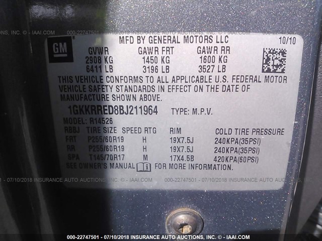 1GKKRRED8BJ211964 - 2011 GMC ACADIA SLT-1 Gris foto 9