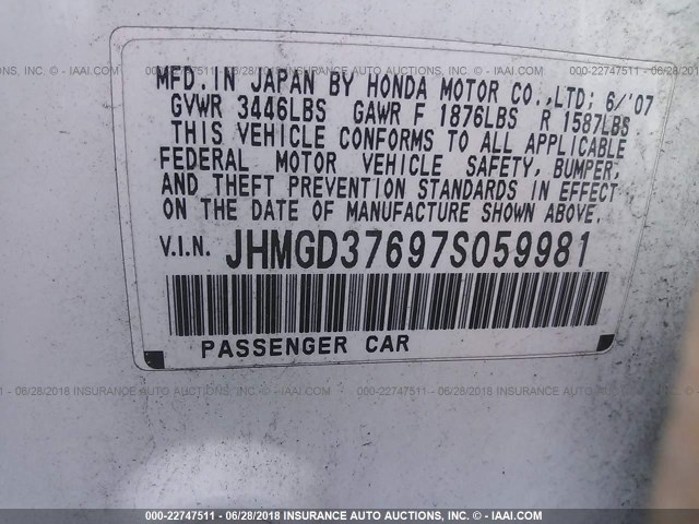 JHMGD37697S059981 - 2007 HONDA FIT S 白色 照片 9