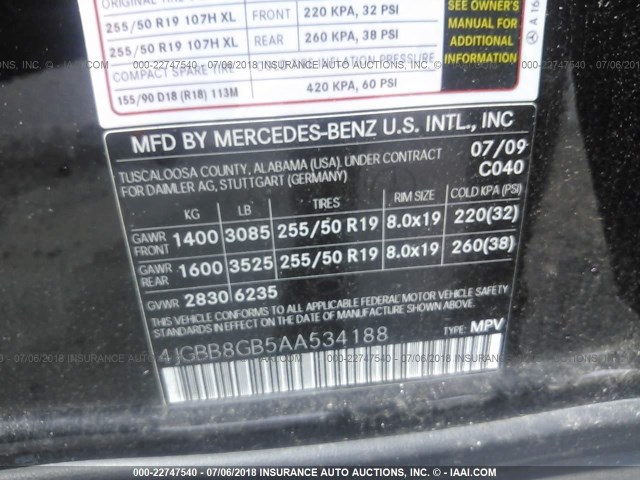 4JGBB8GB5AA534188 - 2010 MERCEDES-BENZ ML 350 4MATIC BLACK photo 9