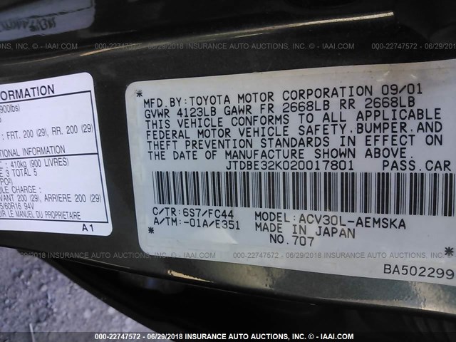 JTDBE32K020017801 - 2002 TOYOTA CAMRY LE/XLE/SE Yaşıl foto 9