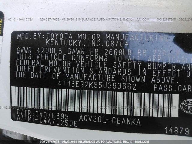 4T1BE32K55U393662 - 2005 TOYOTA CAMRY LE/XLE/SE Ağ foto 9