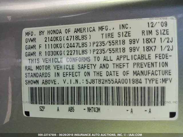 5J8TB2H55AA001984 - 2010 ACURA RDX TECHNOLOGY SILVER photo 9