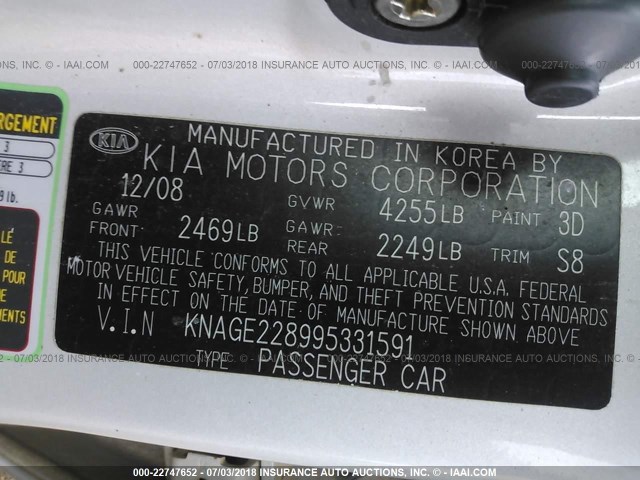 KNAGE228995331591 - 2009 KIA OPTIMA LX/EX SILVER photo 9