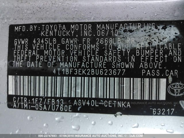 4T1BF3EK2BU623677 - 2011 TOYOTA CAMRY SE/LE/XLE 银色 照片 9