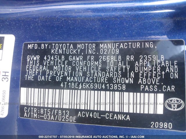 4T1BE46K69U413858 - 2009 TOYOTA CAMRY SE/LE/XLE BLUE photo 9