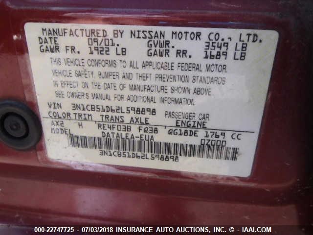 3N1CB51D62L598898 - 2002 NISSAN SENTRA XE/GXE RED photo 9