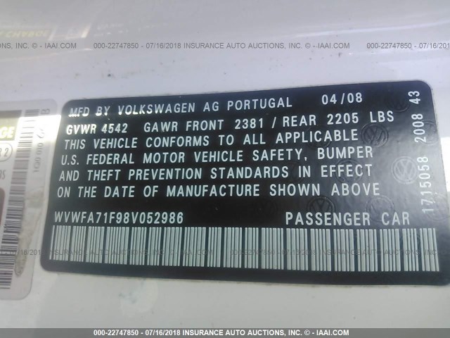 WVWFA71F98V052986 - 2008 VOLKSWAGEN EOS LUX Biały zdjęcie 9