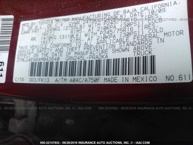 3TMLU4EN8AM042640 - 2010 TOYOTA TACOMA DOUBLE CAB წითელი ფოტო 9