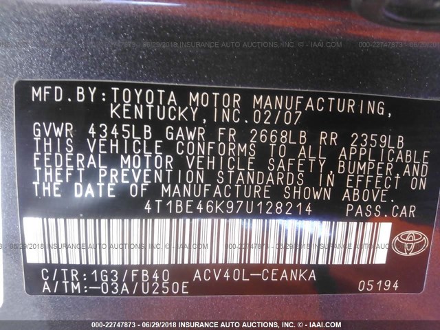 4T1BE46K97U128214 - 2007 TOYOTA CAMRY NEW GENERAT CE/LE/XLE/SE GRAY photo 9