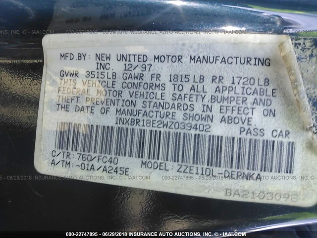 1NXBR18E2WZ039402 - 1998 TOYOTA COROLLA VE/CE/LE 绿色 照片 9