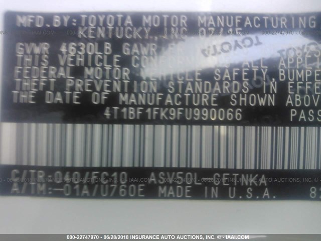 4T1BF1FK9FU990066 - 2015 TOYOTA CAMRY LE/XLE/SE/XSE WHITE photo 9