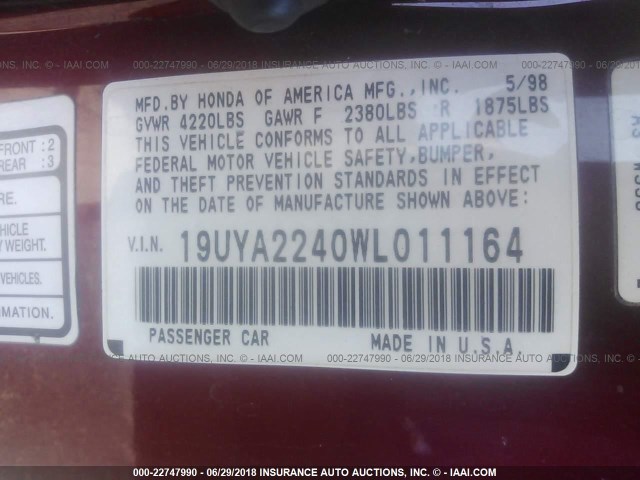 19UYA2240WL011164 - 1998 ACURA 3.0CL RED photo 9