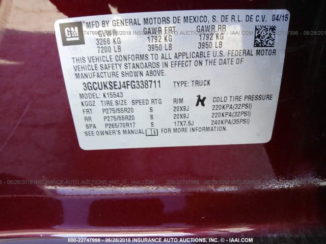 3GCUKSEJ4FG338711 - 2015 CHEVROLET SILVERADO K1500 LTZ RED photo 9