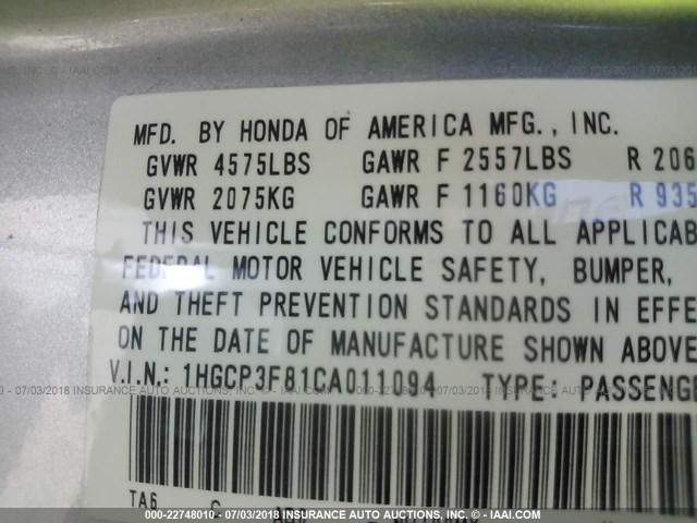 1HGCP3F81CA011094 - 2012 HONDA ACCORD EXL SILVER photo 9