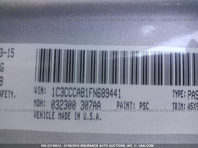 1C3CCCAB1FN689441 - 2015 CHRYSLER 200 LIMITED SILVER photo 9