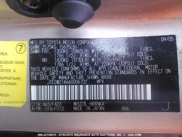 JTEDW21A660006702 - 2006 TOYOTA HIGHLANDER HYBRID GRAY photo 9