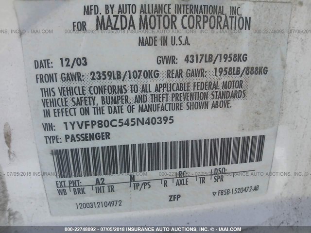 1YVFP80C545N40395 - 2004 MAZDA 6 I WHITE photo 9