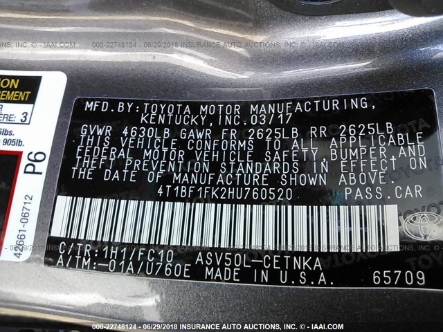 4T1BF1FK2HU760520 - 2017 TOYOTA CAMRY LE/XLE/SE/XSE GRAY photo 9