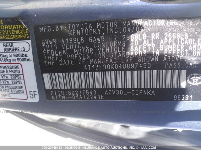 4T1BE30K04U897490 - 2004 TOYOTA CAMRY LE/XLE/SE Mavi foto 9