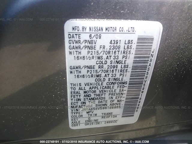 JN8AS58V59W189965 - 2009 NISSAN ROGUE S/SL GRAY photo 9