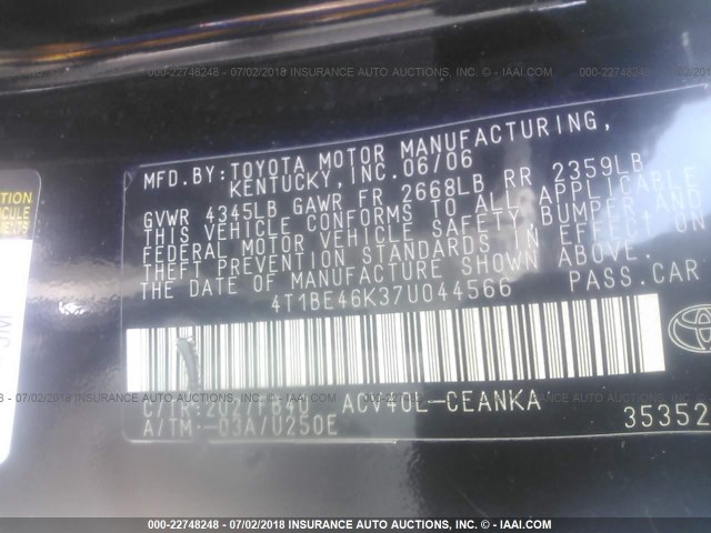 4T1BE46K37U044566 - 2007 TOYOTA CAMRY NEW GENERAT CE/LE/XLE/SE BLACK photo 9