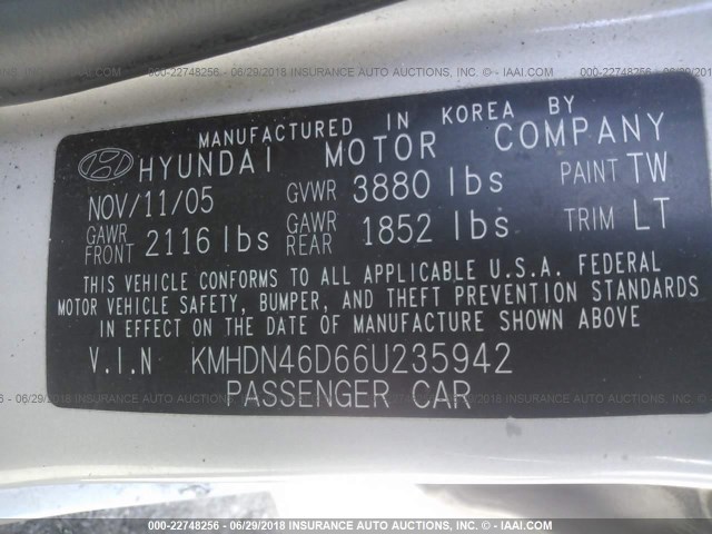 KMHDN46D66U235942 - 2006 HYUNDAI ELANTRA GLS/GT/LIMITED SILVER photo 9