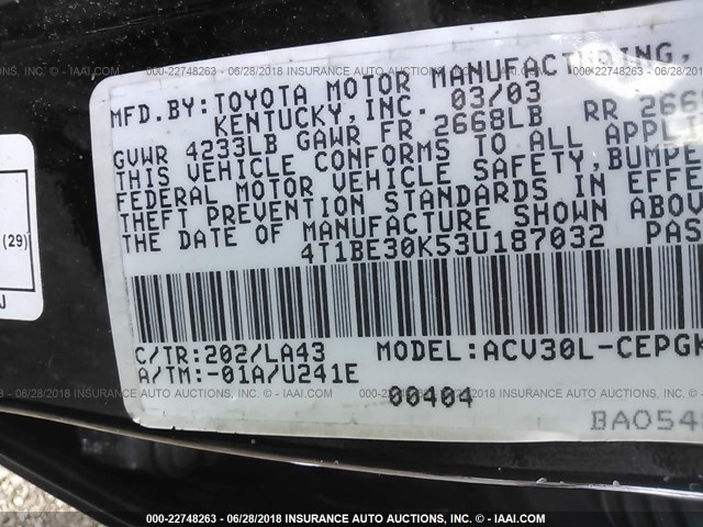 4T1BE30K53U187032 - 2003 TOYOTA CAMRY LE/XLE/SE Qara foto 9