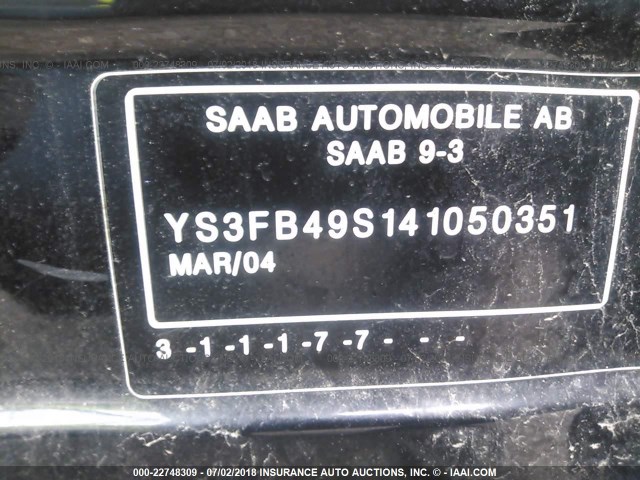 YS3FB49S141050351 - 2004 SAAB 9-3 LINEAR BLACK photo 9