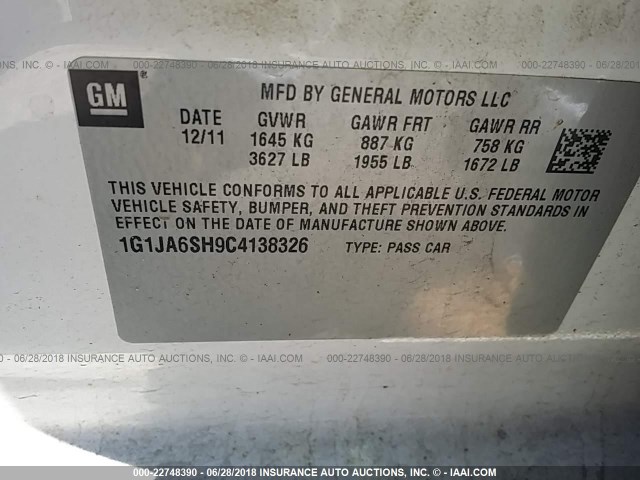 1G1JA6SH9C4138326 - 2012 CHEVROLET SONIC LS 白色 照片 9