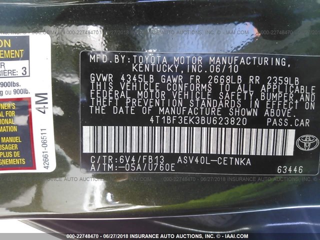 4T1BF3EK3BU623820 - 2011 TOYOTA CAMRY SE/LE/XLE GREEN photo 9