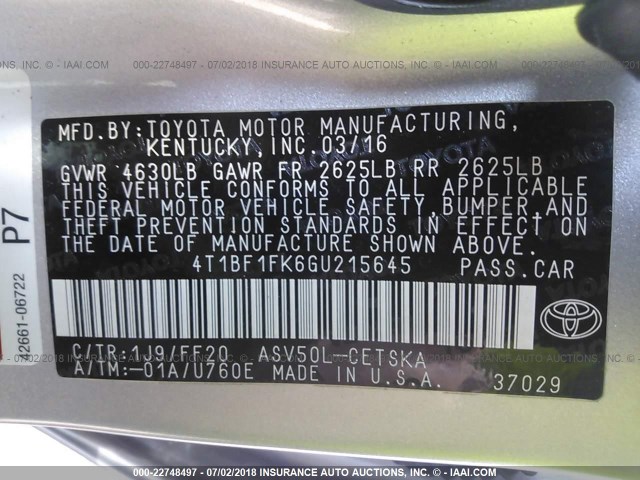 4T1BF1FK6GU215645 - 2016 TOYOTA CAMRY LE/XLE/SE/XSE SILVER photo 9