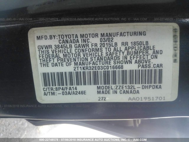 2T1KR32E03C016668 - 2003 TOYOTA COROLLA MATRIX XR BLUE photo 9