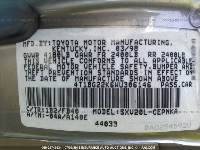 4T1BG22K6WU306146 - 1998 TOYOTA CAMRY CE/LE/XLE თაფლისფერი ფოტო 9