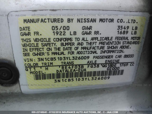 3N1CB51D3YL326009 - 2000 NISSAN SENTRA XE/GXE WHITE photo 9