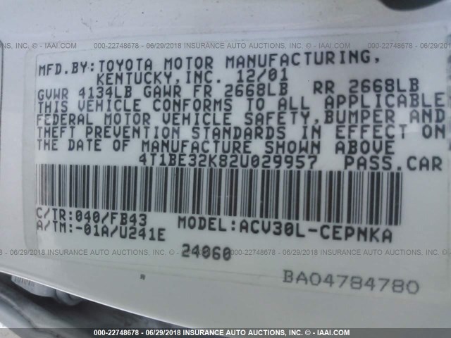 4T1BE32K82U029957 - 2002 TOYOTA CAMRY LE/XLE/SE Ağ foto 9