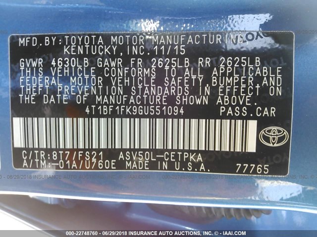 4T1BF1FK9GU551094 - 2016 TOYOTA CAMRY LE/XLE/SE/XSE 蓝色 照片 9