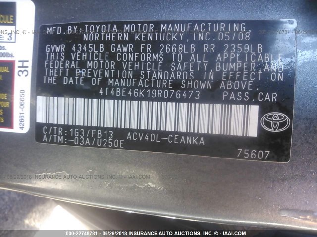 4T4BE46K19R076473 - 2009 TOYOTA CAMRY SE/LE/XLE 黑色 照片 9