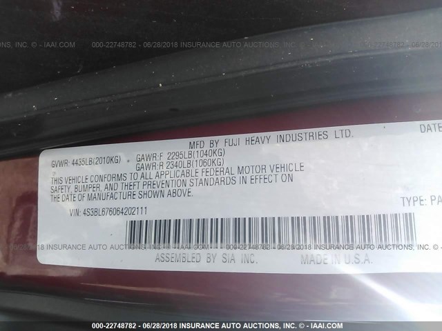 4S3BL676064202111 - 2006 SUBARU LEGACY GT LIMITED RED photo 9