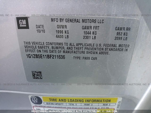 1G1ZB5E11BF211636 - 2011 CHEVROLET MALIBU LS Gümüş foto 9