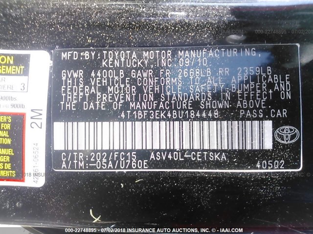 4T1BF3EK4BU184448 - 2011 TOYOTA CAMRY SE/LE/XLE შავი ფოტო 9