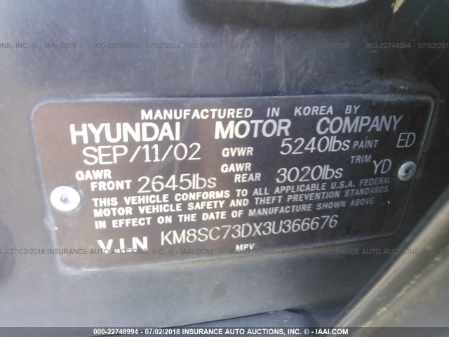 KM8SC73DX3U366676 - 2003 HYUNDAI SANTA FE GLS/LX BLACK photo 9