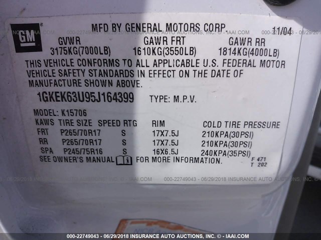 1GKEK63U95J164399 - 2005 GMC YUKON DENALI WHITE photo 9